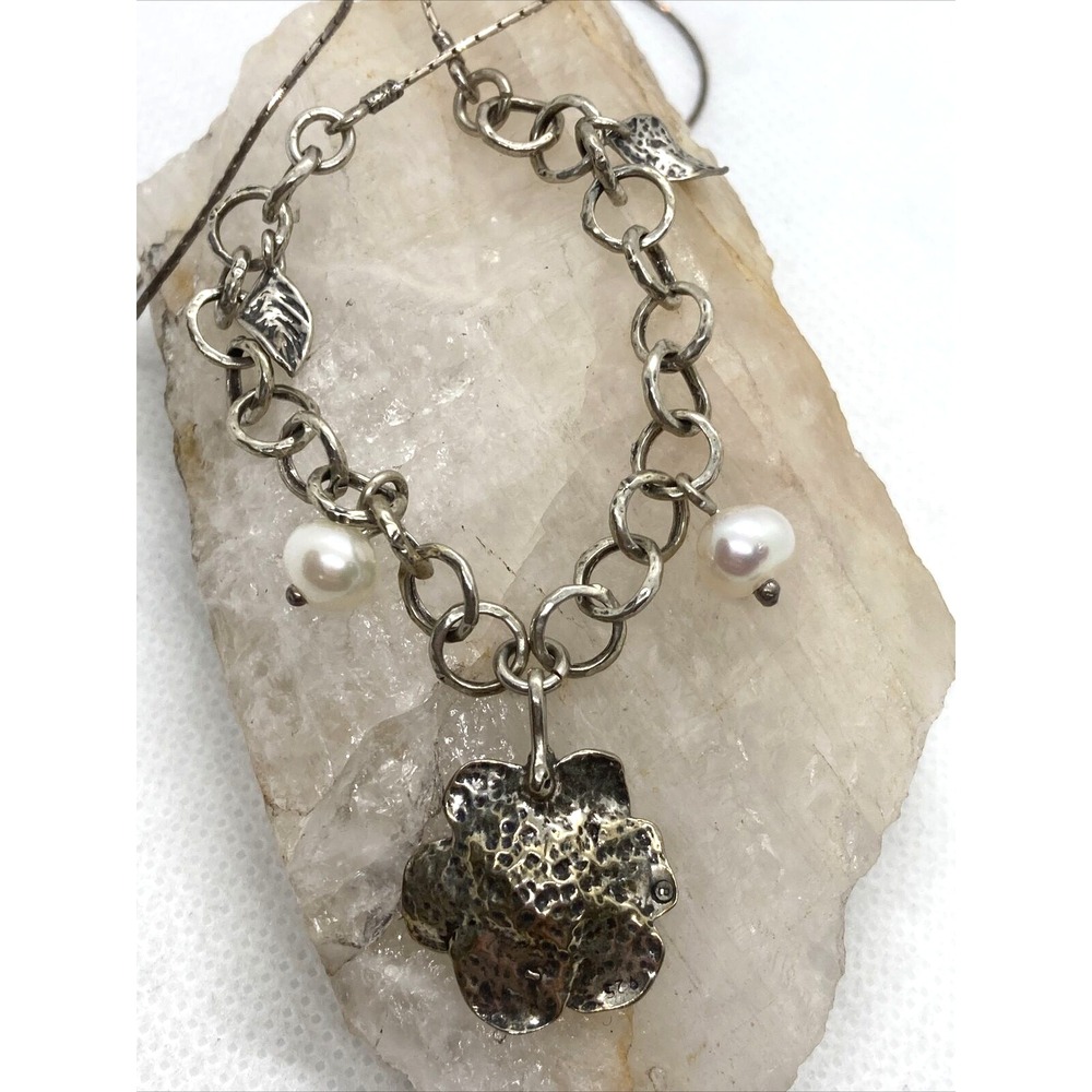 Vintage B 925 Flower Pearl Leaf Pendant 17'' Necklace Sterling 925 Silver 7.5g - Picture 4 of 8
